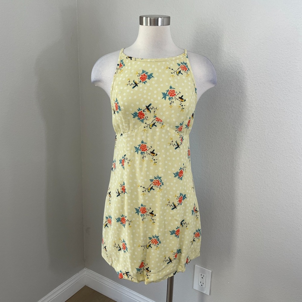 UO Urban Outfitters Womens 8 Yellow Floral Mini Dress Open Back Sleeveless Lined